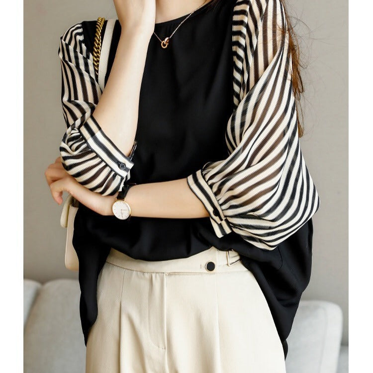 Women's Contrast Color Stitching Dolman Sleeve Chiffon Top