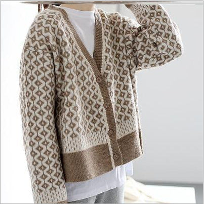 Contrasting Color V-Neck Diamond Knit Cardigan Women