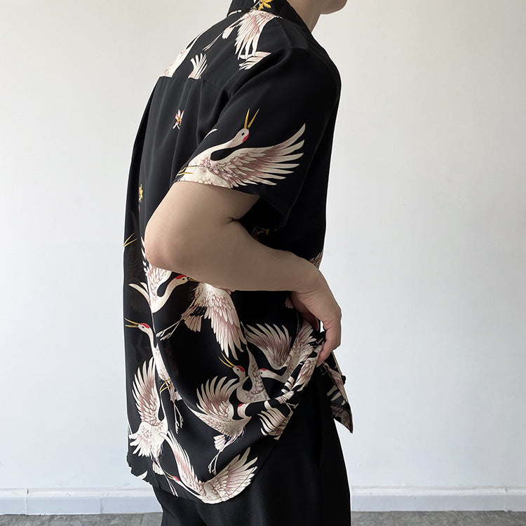 Summer Thin Men's Retro Chinese Style Crane Short-sleeved Shirt