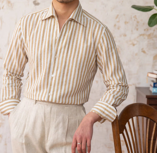Linen Collar Slim Fit Business Casual Striped Long Sleeve Shirt