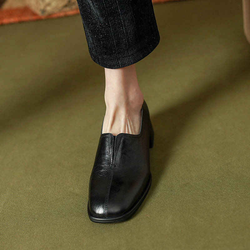 Cowhide Round Head Chunky Heel Deep Mouth Mid-heel Shoes