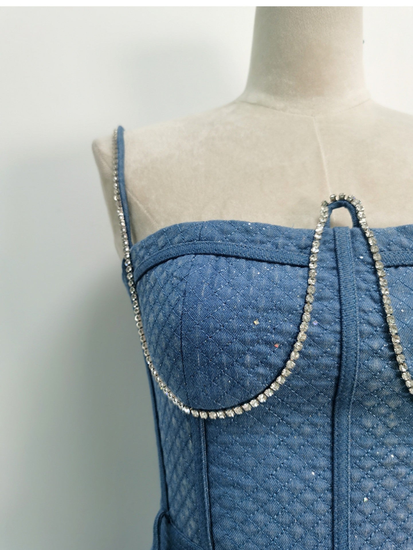 High-grade French Style Denim Rhinestone Sling Dress