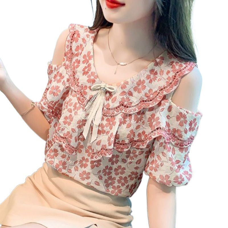 Women's Floral Short-sleeved Chiffon Blouse Off-shoulder Sweet Shirt