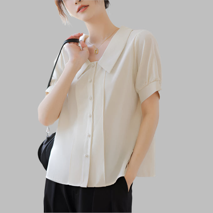 French Style White Short-sleeved Chiffon Shirt With Doll Collar Retro Lantern Sleeve