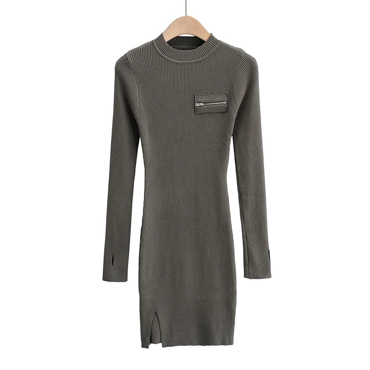 Chest ZipperSide Slit Dress Women's Long Sleeve Hip Skirt