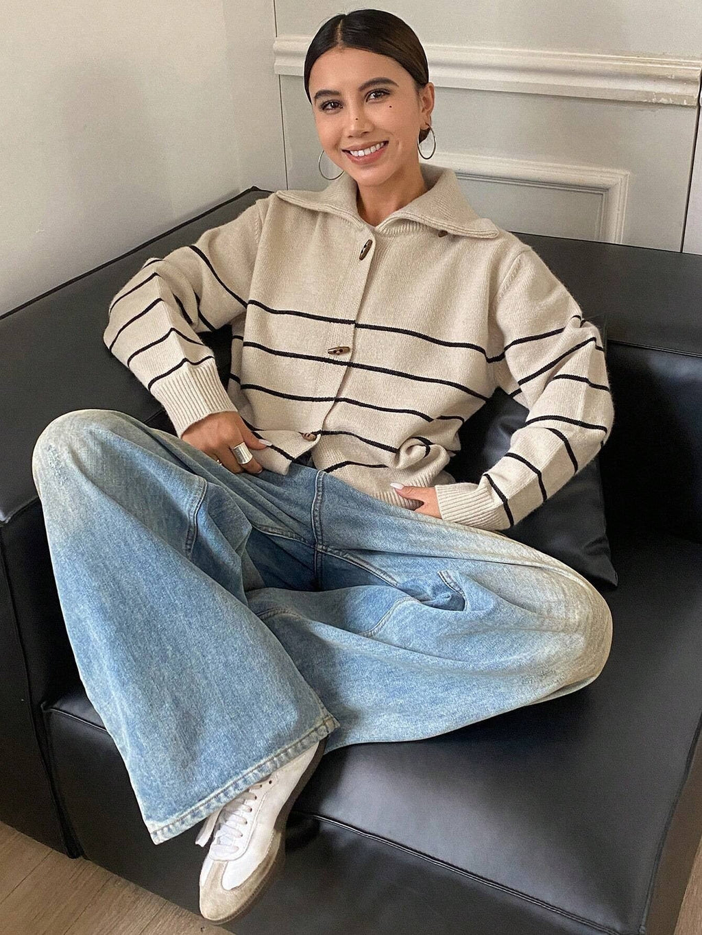 Contrast Striped High Neck Long Sleeved Loose Cardigan