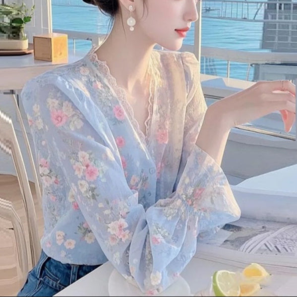 Lace Edge Floral Chiffon Shirt