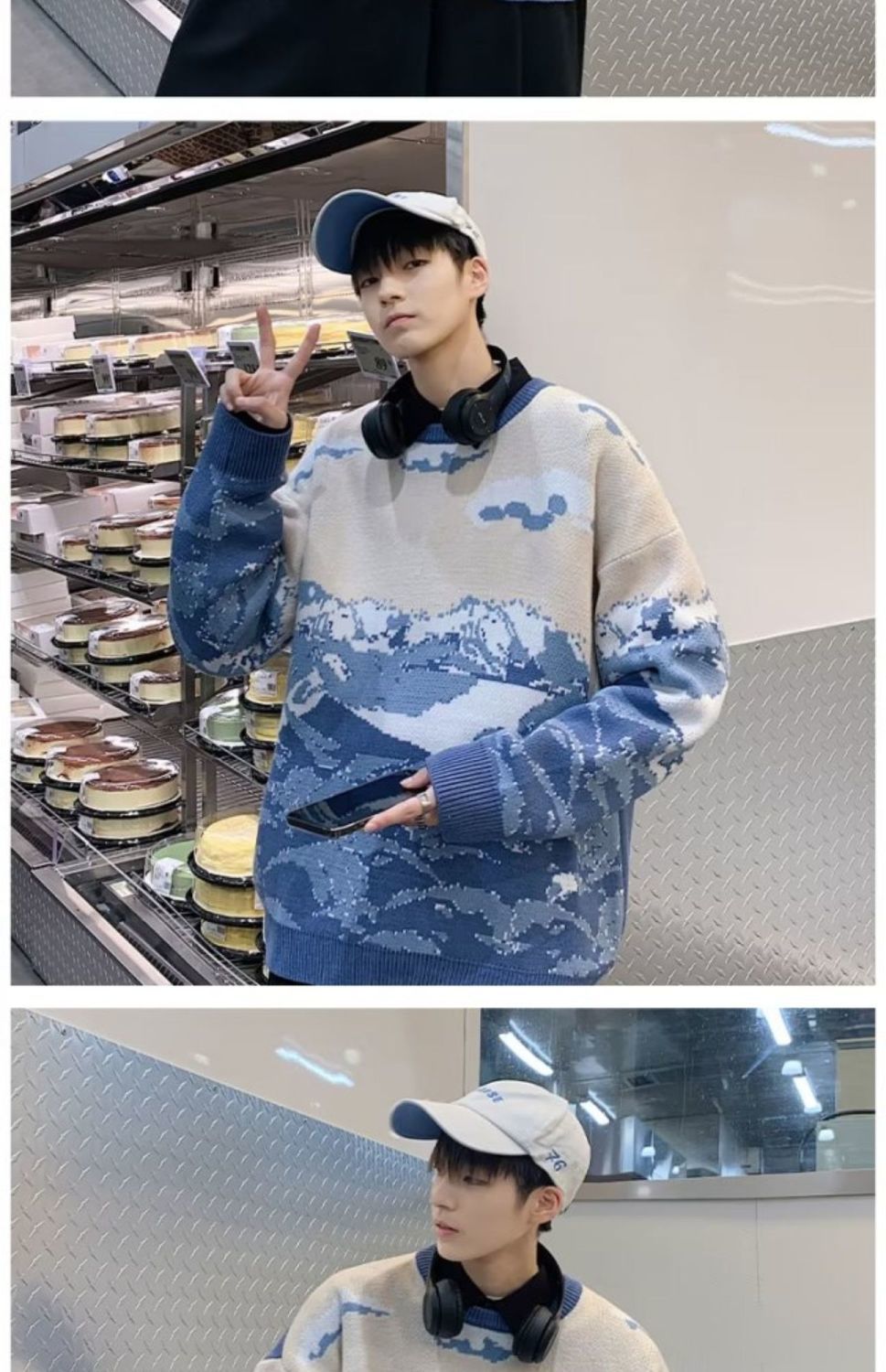 American Fashion Brand Retro Snow Mountain Tie-dye Crew Neck Pullover Sweater