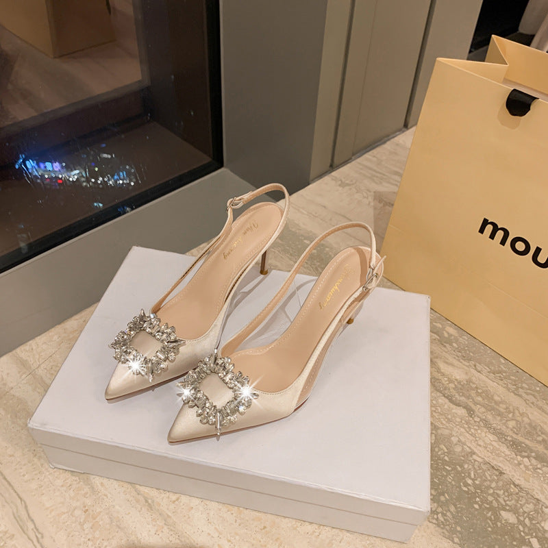Stiletto Heel Satin Rhinestone Square Buckle Closed Toe Korean Style High Heels