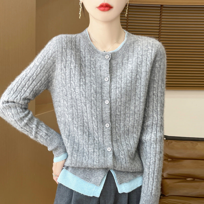 O-neck Short Small Twist Knitted False Two Pieces Color Matching Cardigan Jacket