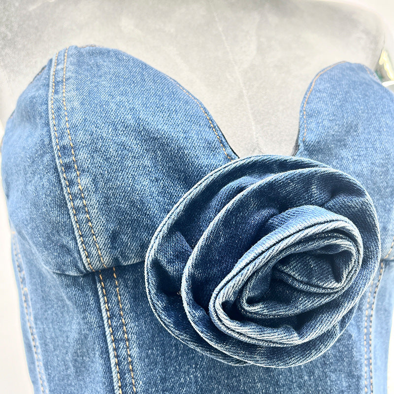 Women's Sculptural Floral Appliqu Denim Dress