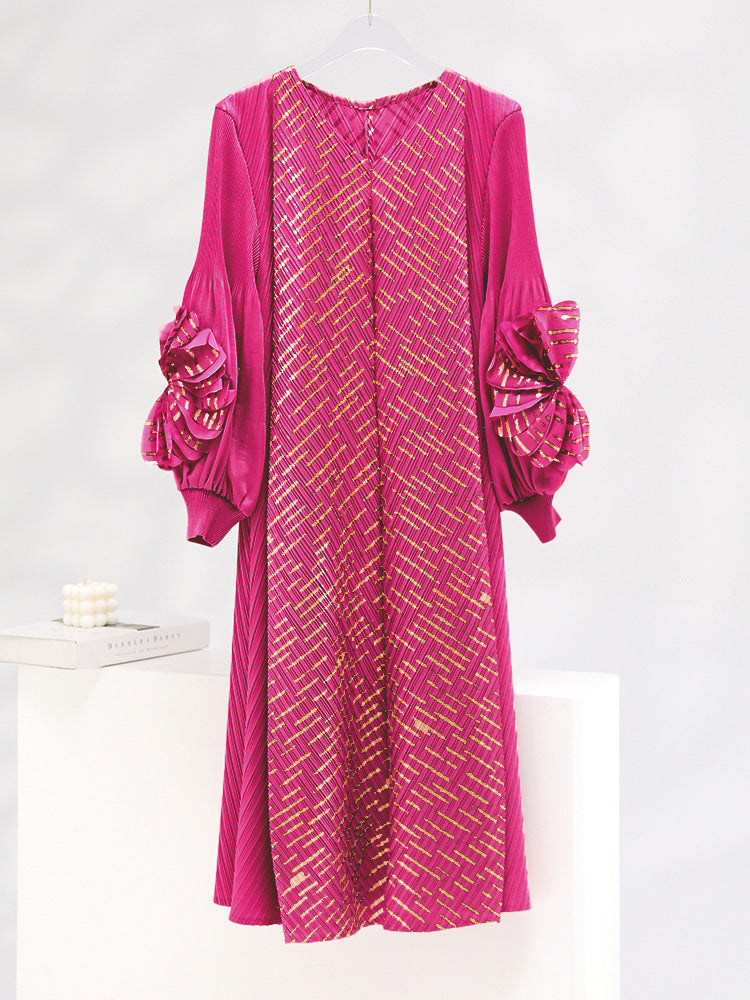 High-grade Bronzing Plate Flower V-neck Temperament Mid-length Pleated Dress