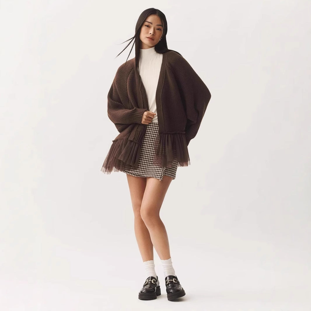 Ruffled Gauze Knitting Sweater Cardigan Long Sleeve