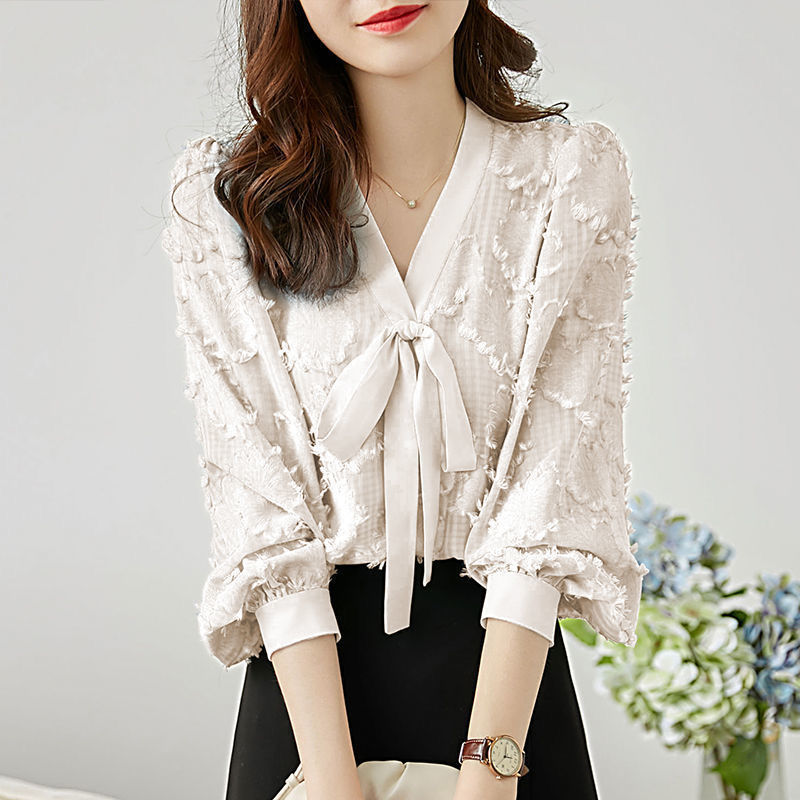Lantern Sleeve Chiffon Shirt Women's Bowknot Loose Slimming Blouse