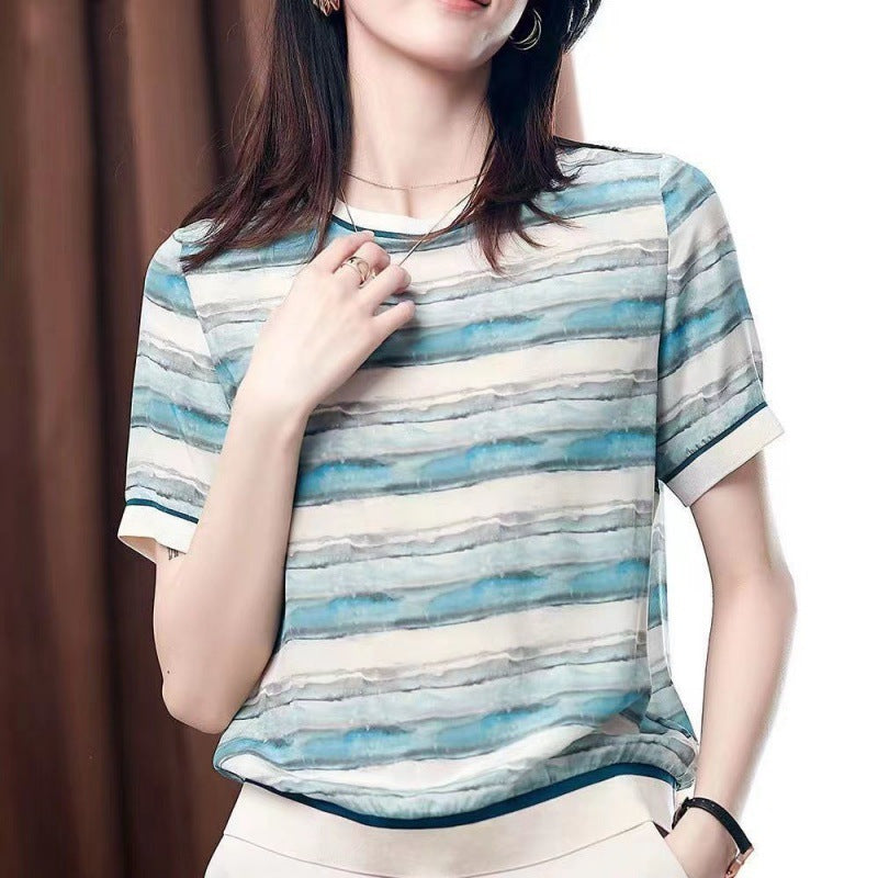 Artificial Silk Loose Slimming Ice Silk Top Printed Chiffon Shirt Fashionable Temperament Short Sleeve T-shirt