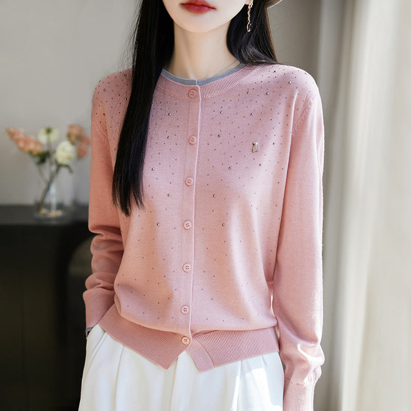 Wool Bear Rhinestone Cardigan Round Neck Long Sleeve Top