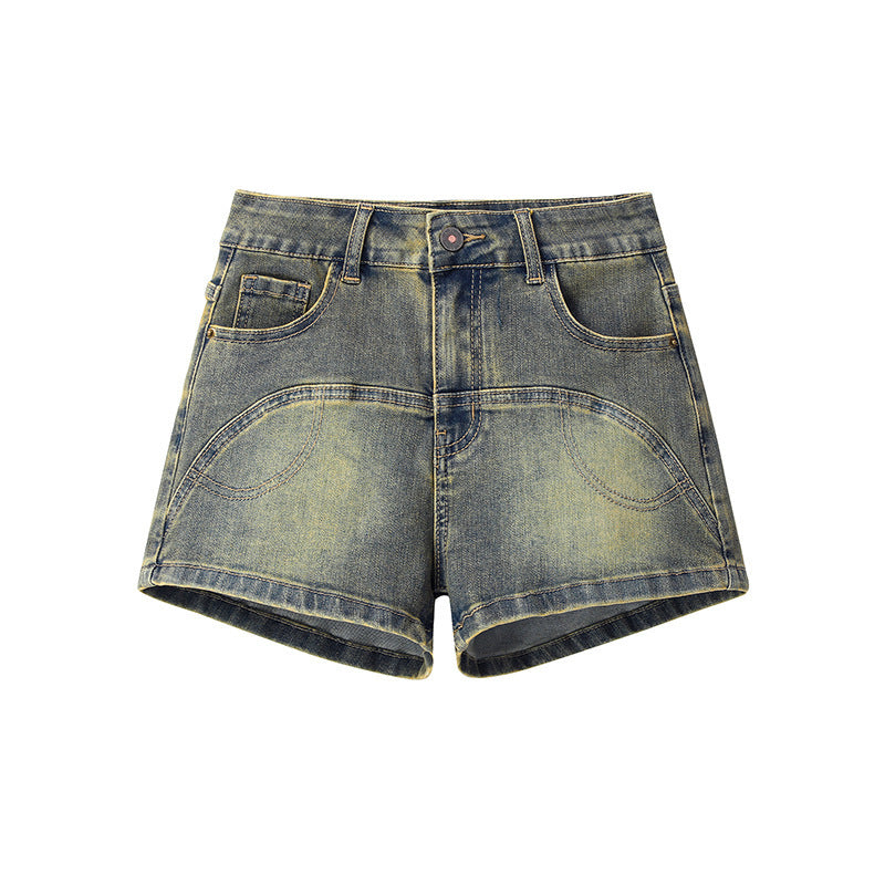 Mud Yellow Stretch Denim Shorts For Women