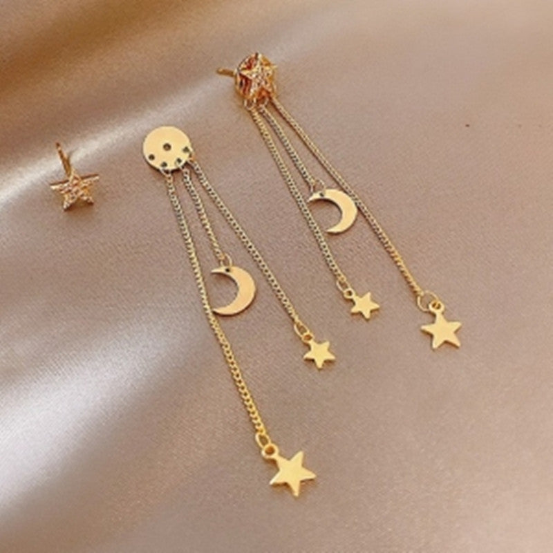 Silver Needle Long Star Moon Earrings Zircon Personality