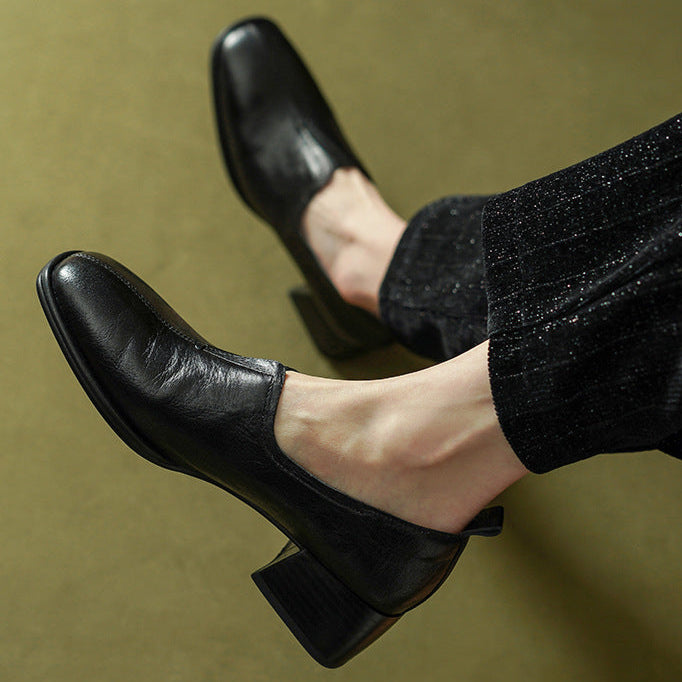 Cowhide Round Head Chunky Heel Deep Mouth Mid-heel Shoes