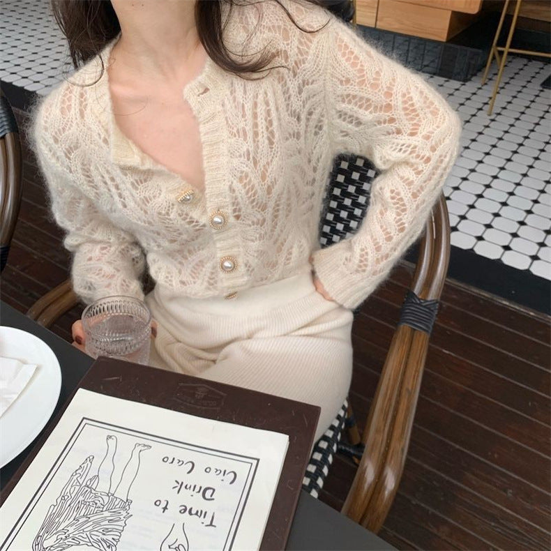 Women's French-style Mohair Hollow-out Thin Knitted Cardigan