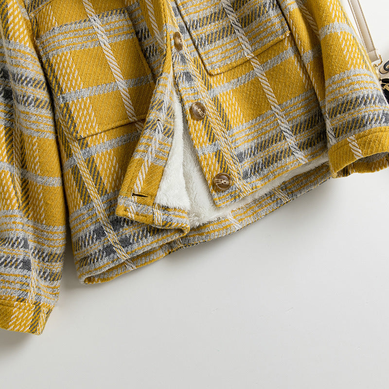 Women's Temperament Tweed And Velvet Thick Plaid Jacket