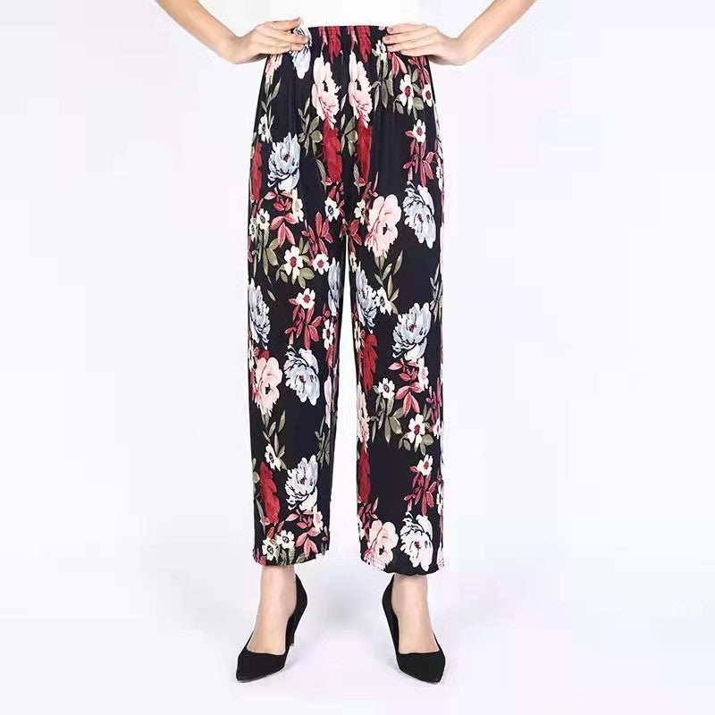 Ice Silk Wide-leg Pants Middle-aged And Elderly Loose Flower Pants