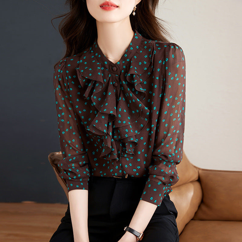 Lotus Leaf Lace Collar Long Sleeve Small Flower Chiffon Shirt
