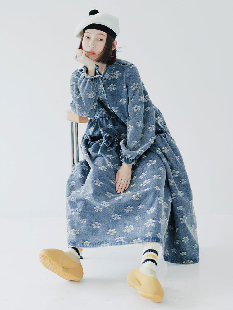 Early Autumn Jacquard Denim Dress Women's Medium Long Bow