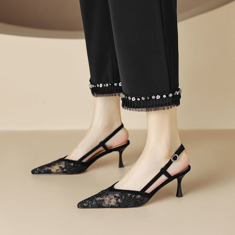Stiletto Heel Pointed Sandals Mesh Back Empty High Heels