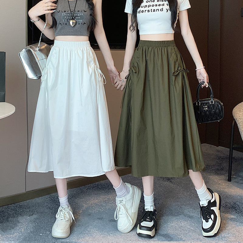 Elastic Waist Pure Color Tied Drawstring Pocket Large Swing Skirt Mid-length French Cotton Suit Skirt