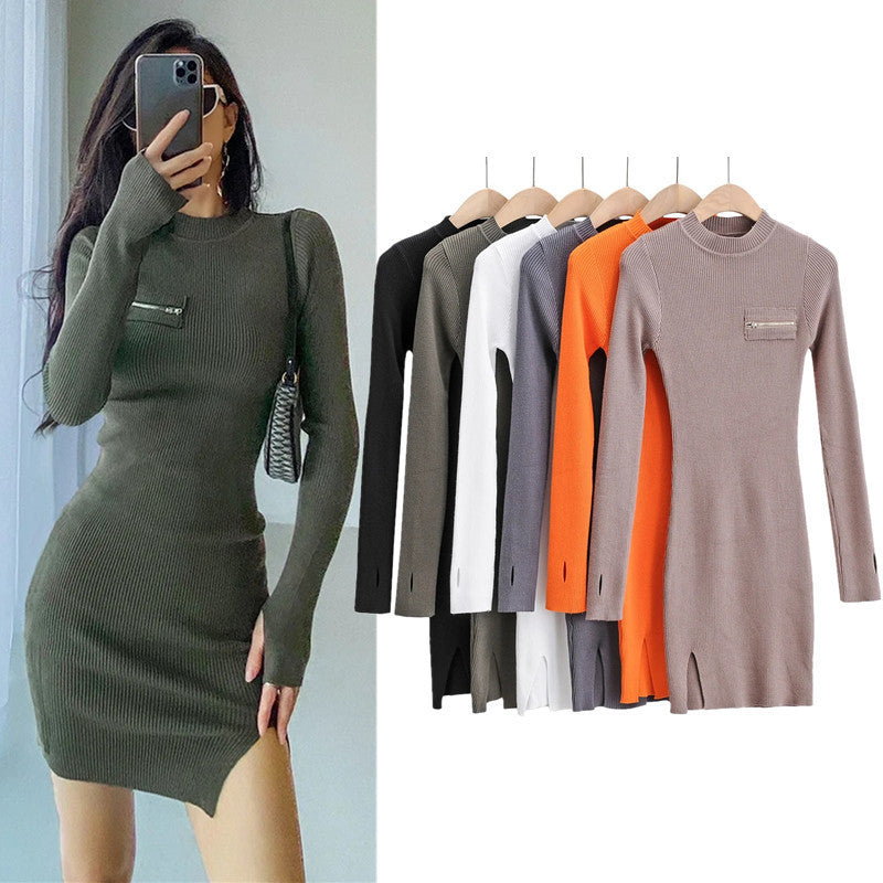 Chest ZipperSide Slit Dress Women's Long Sleeve Hip Skirt