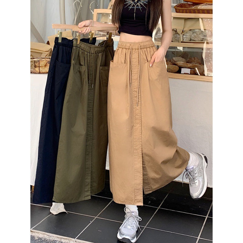 Women's Korean Style Sense Of Design Washed Cotton Midi Skirt
