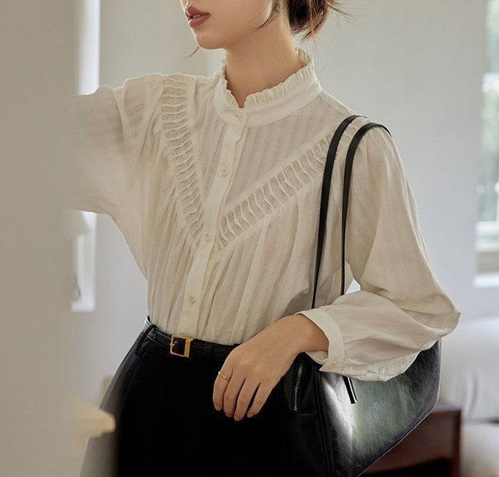 Retro Stand Collar Long Sleeve Design Blouse