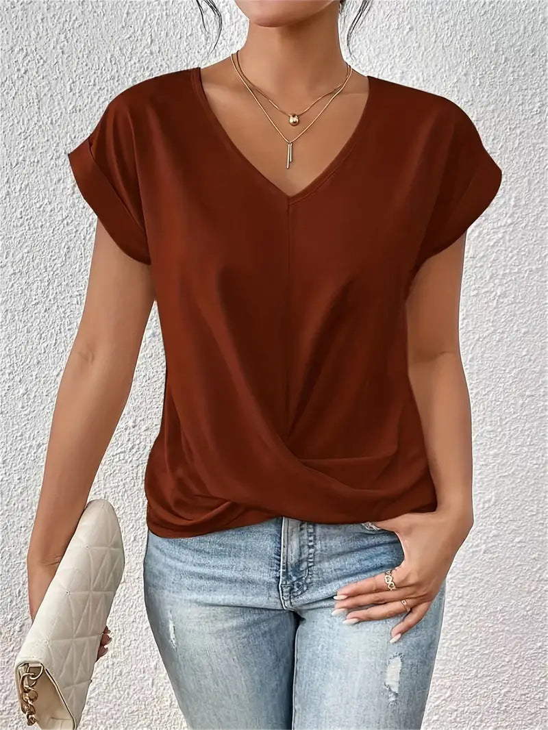 Solid Color V-neck T-shirt Elegant Short Sleeved Top For Spring And Summer Women's Clothing