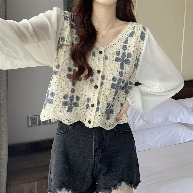 Hollow Lace Shirt Spring Fashion Long Sleeve Stitching