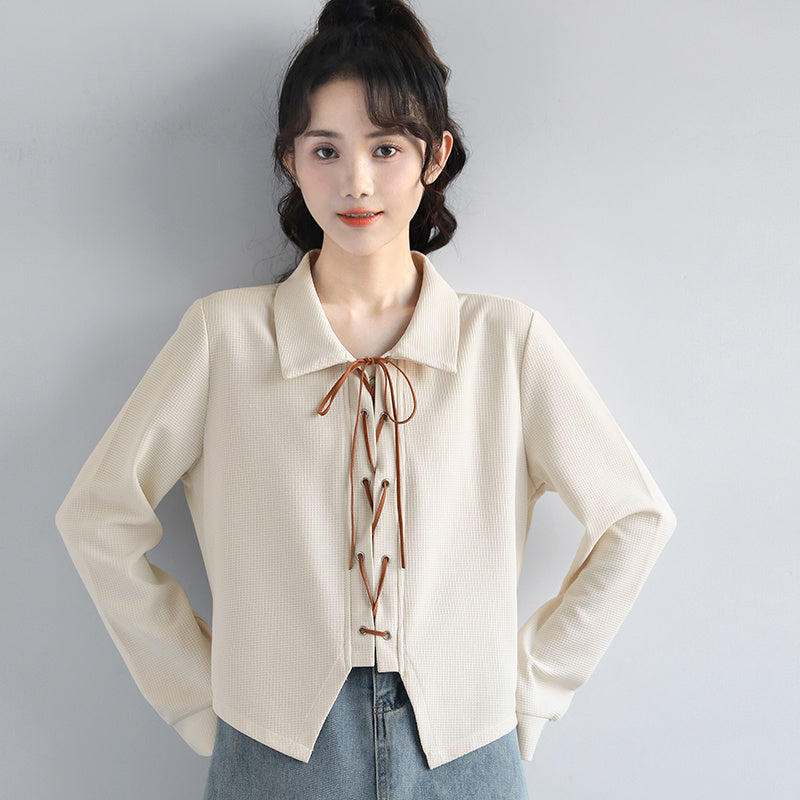 Women's Apricot Long-sleeved Shirt With Loose Polo Collar