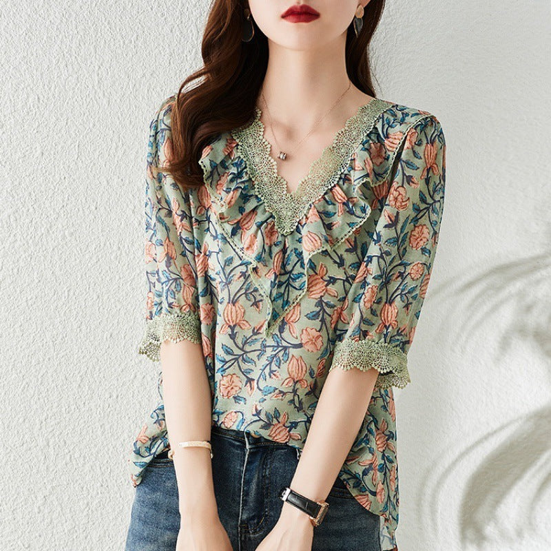 V-neck Floral Chiffon Shirt For Women