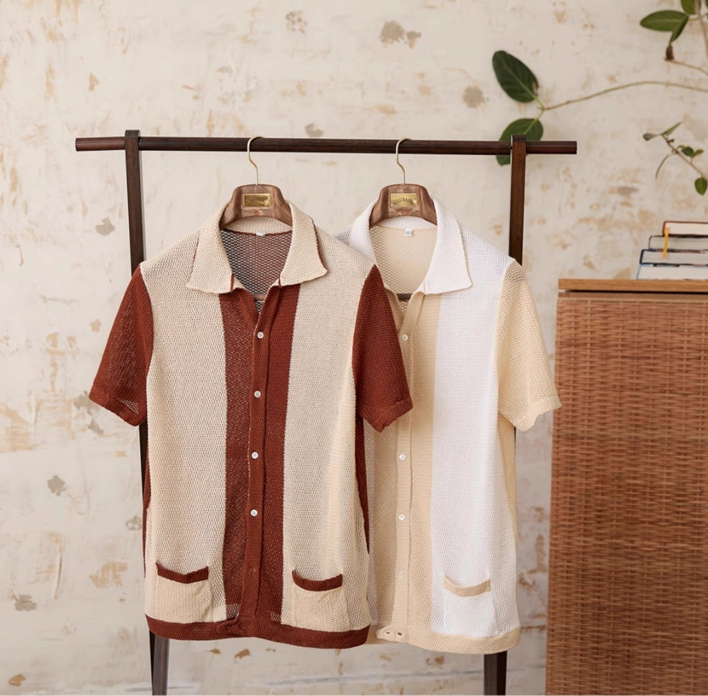 Hollow Cotton And Linen Lapel Short-sleeved Cardigan Knitted Top