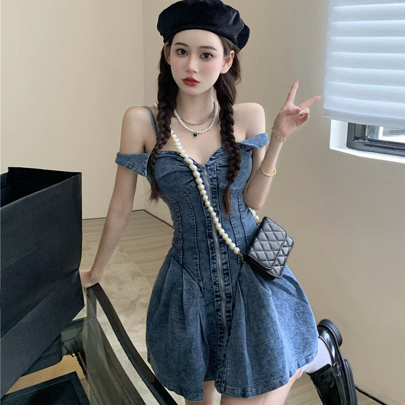 Women's Fashion Slim And Thin Waist-hugging Suspenders Denim Dress