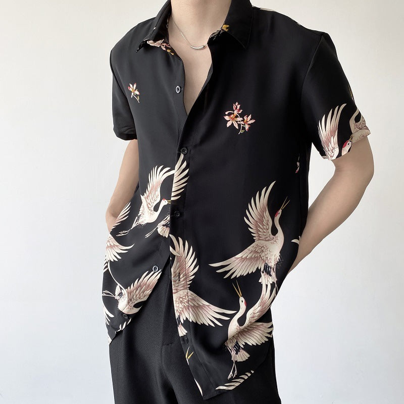 Summer Thin Men's Retro Chinese Style Crane Short-sleeved Shirt