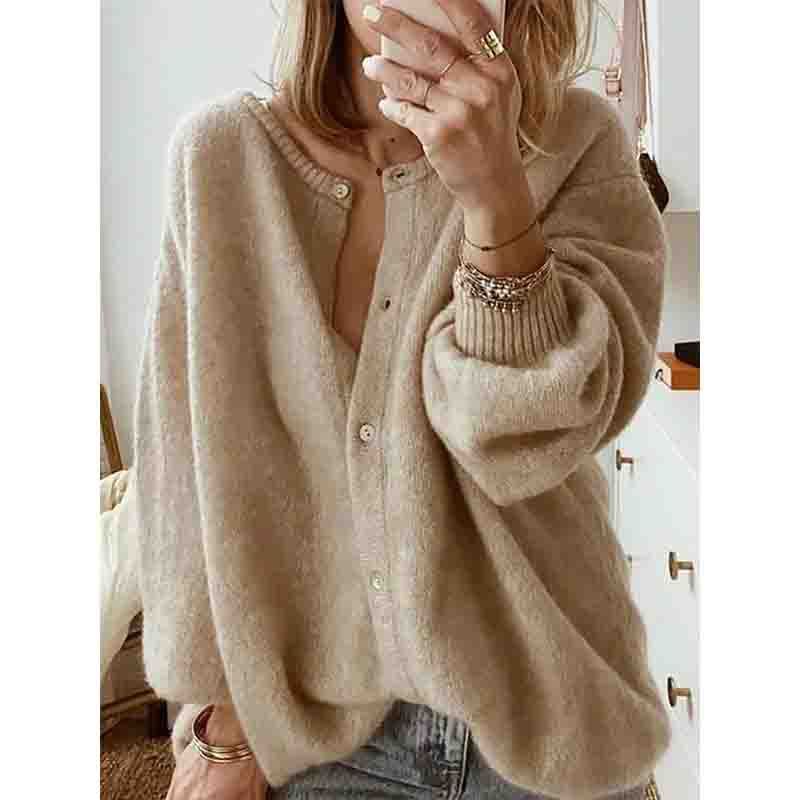 Trendy Women's Long Sleeve Knit Cardigan Sweater With Lantern Sleeves - Plus Size Casual Blouse