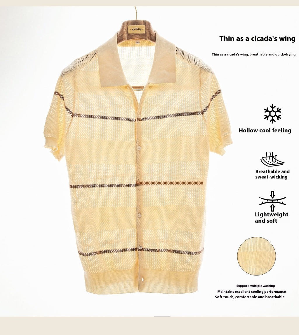 Lapel Casual Fashion Cotton Linen Short Sleeve Knitted Cardigan