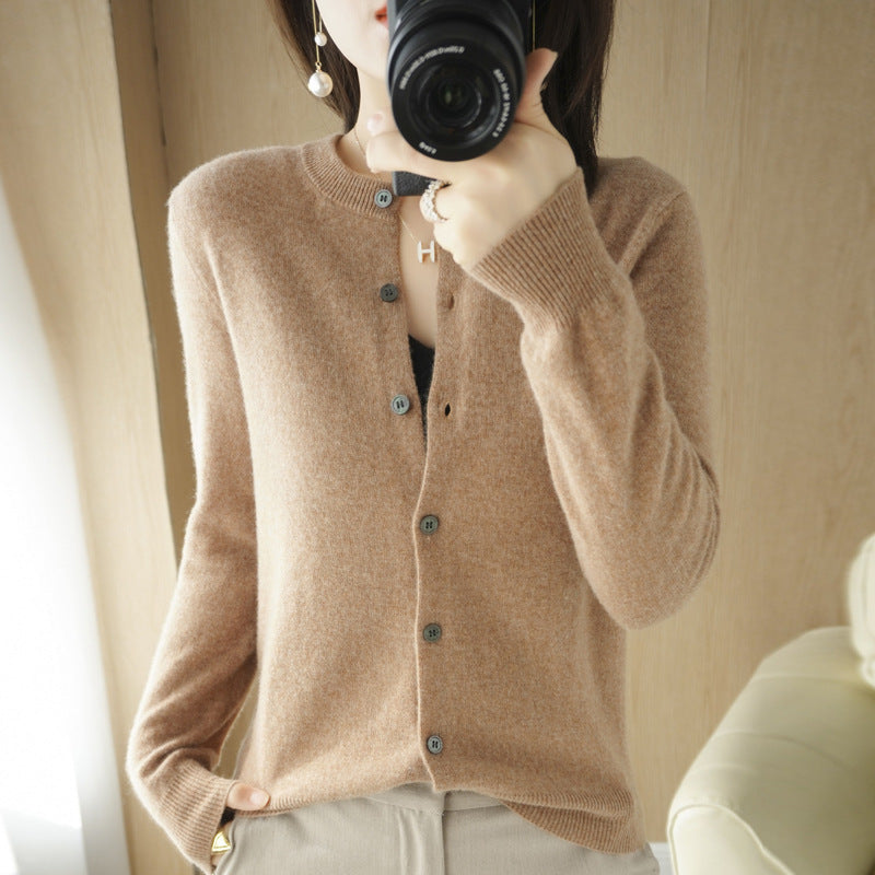 Backed Round Neck Knitted Cardigan Coat For Women