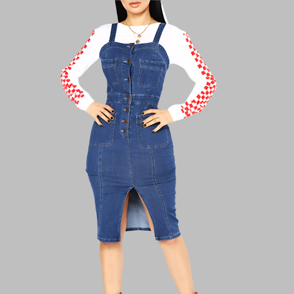 Denim dress with sling tights and hip wash