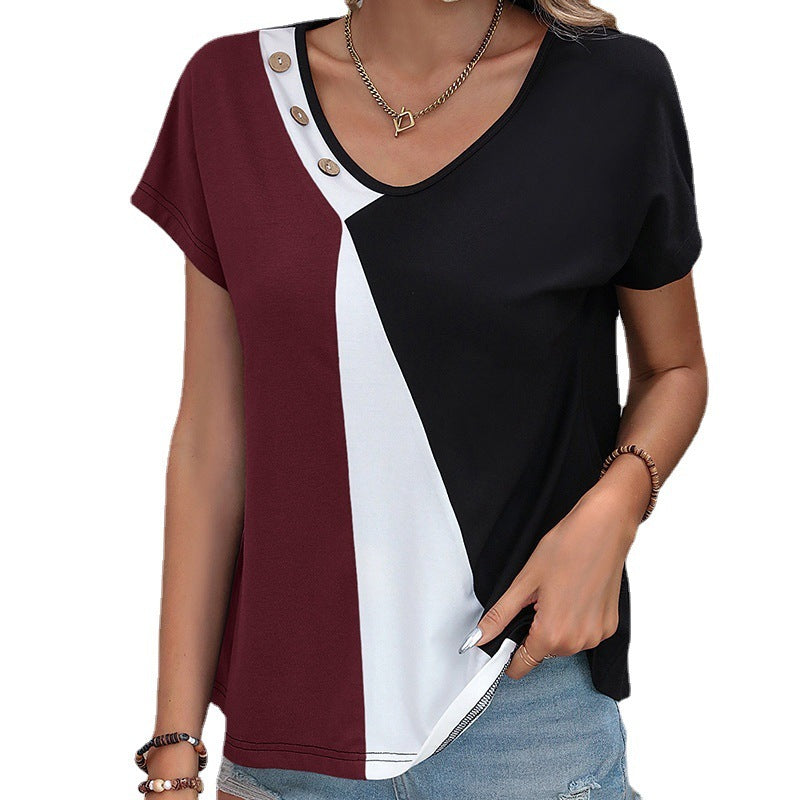 Women's Printing Color Contrast Loose Short-sleeved T-shirt Button Top