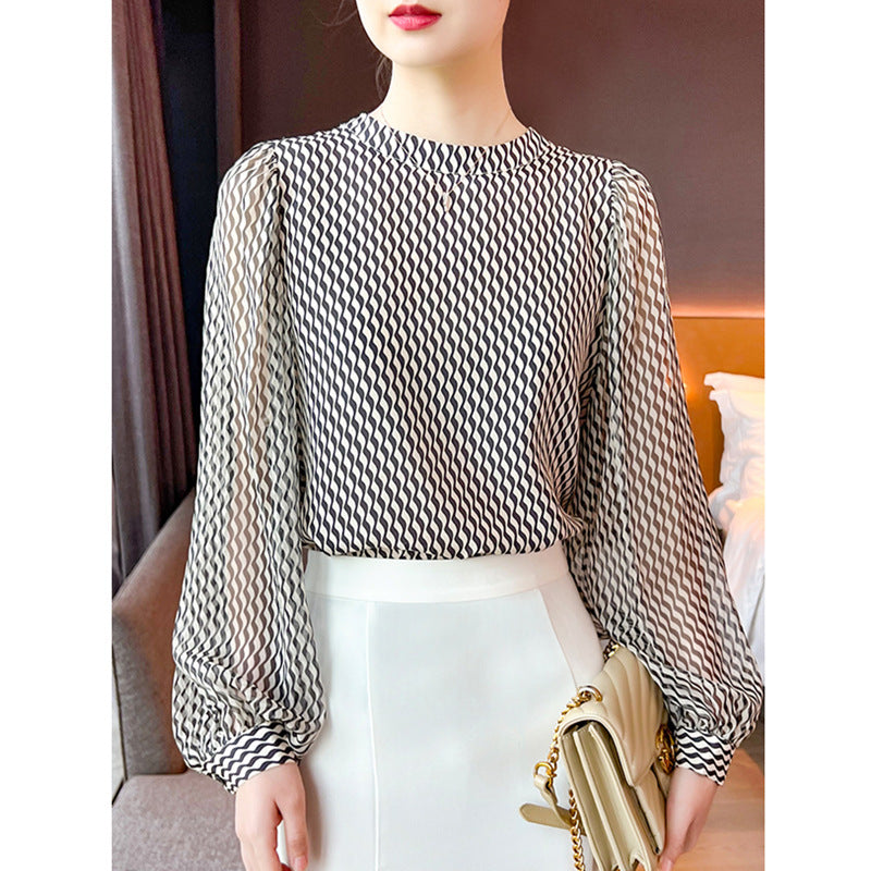 Striped Crepe De Chine Silk Shirt Stand Collar