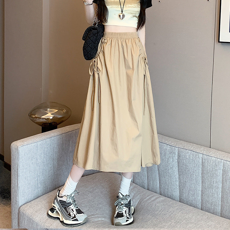 Elastic Waist Pure Color Tied Drawstring Pocket Large Swing Skirt Mid-length French Cotton Suit Skirt