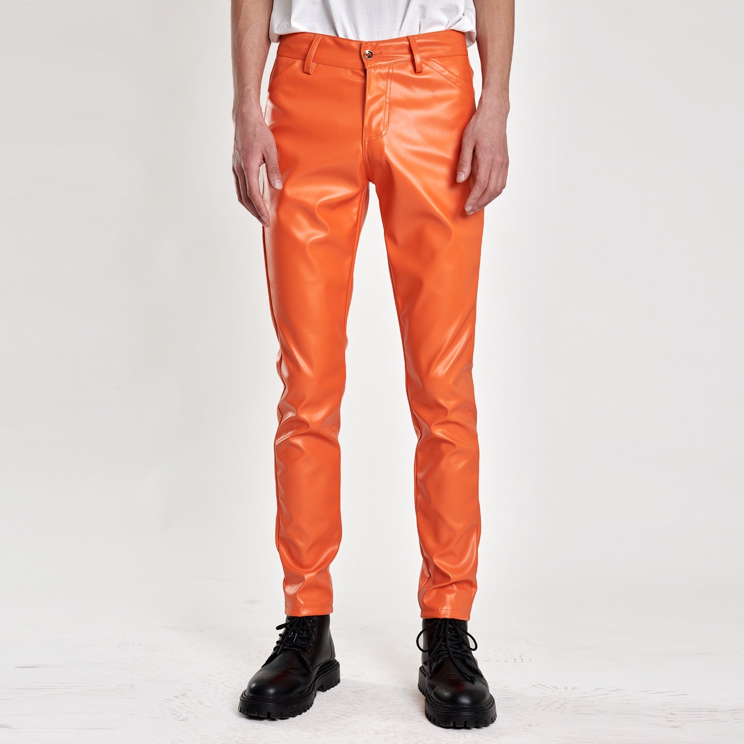 Men's Stretch Slim Fit Popular Green Bar Orange Orange Breathable Leather Pants