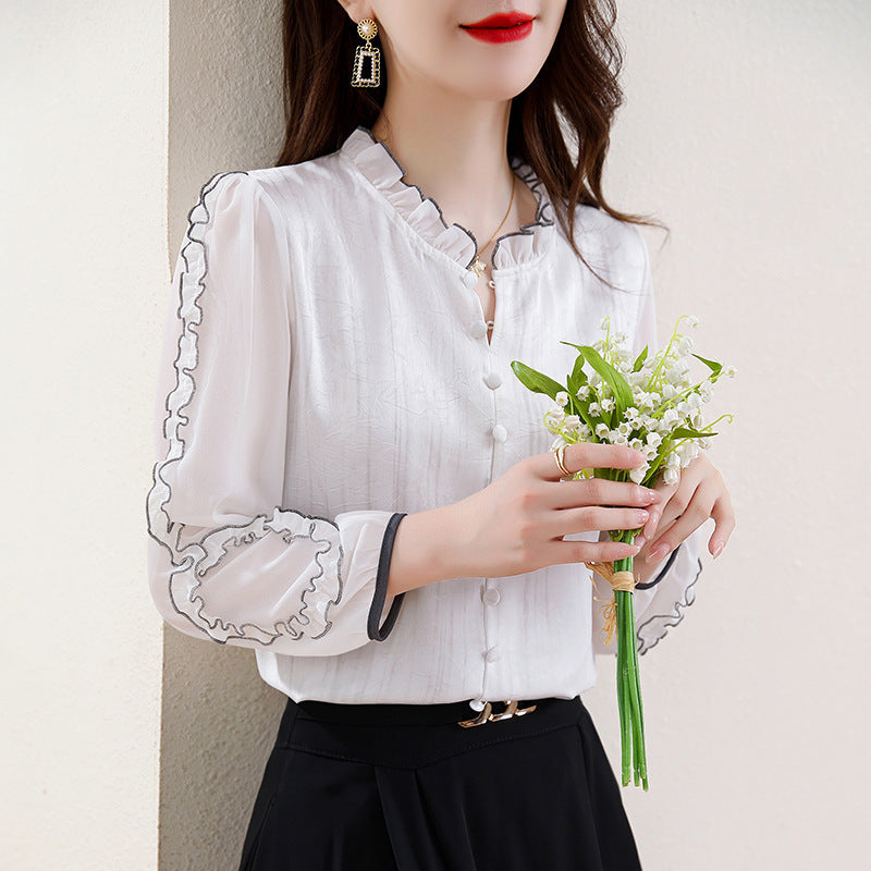 Women's Sleeved Acetate Jacquard Top With Wooden Ear Collar Plate