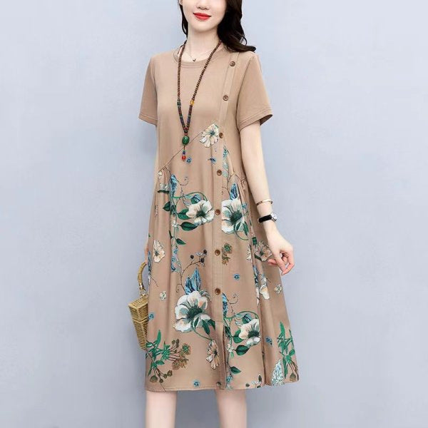 Retro Printed Fat Slim Fit Slimming Loose Casual Patchwork Dress
